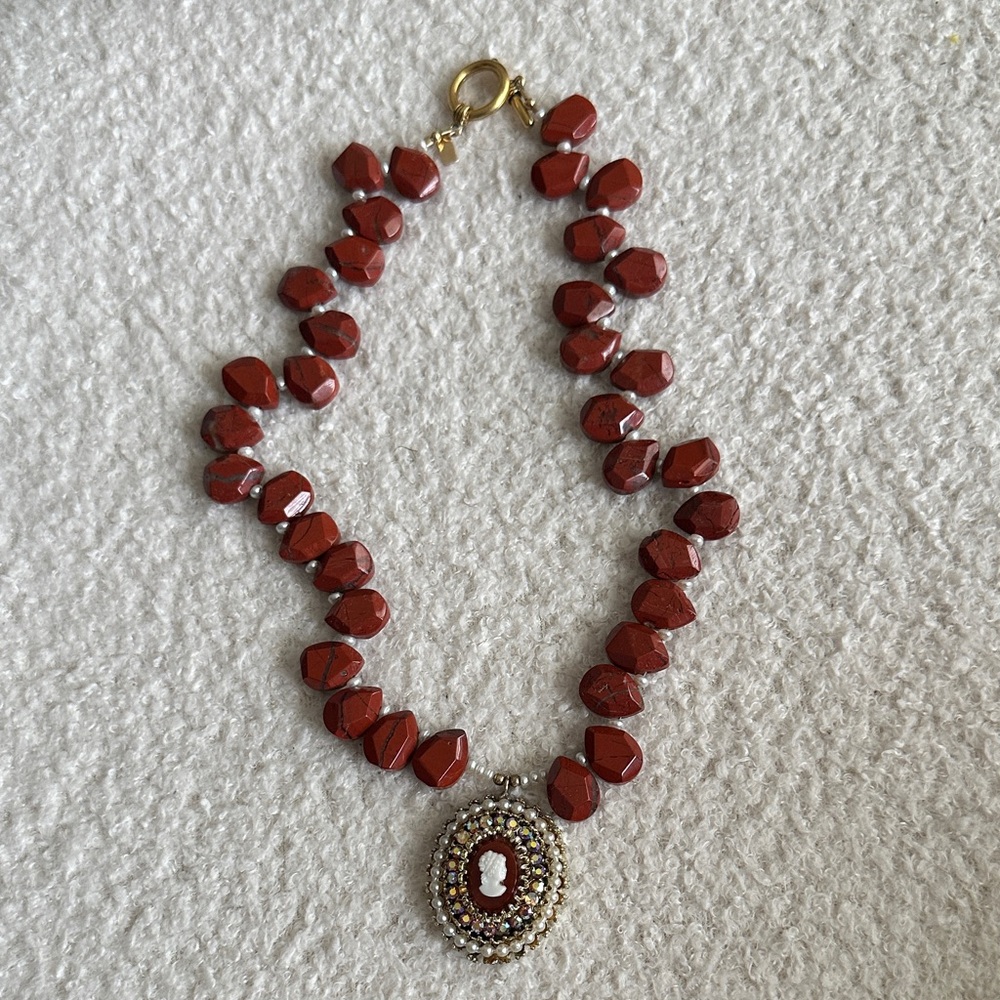 Cameo Red Beaded Necklace with Gold Accents